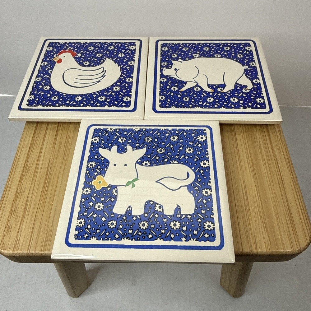 VTG FARM ANIMAL COUNTRY CERAMIC TILE TRIVETS COASTER SET OF 3 4"x4" Cottagecore